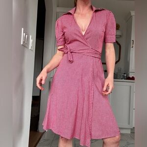 Red gingham Wrap Midi Dress - Women's stretch Casual Summer Dress